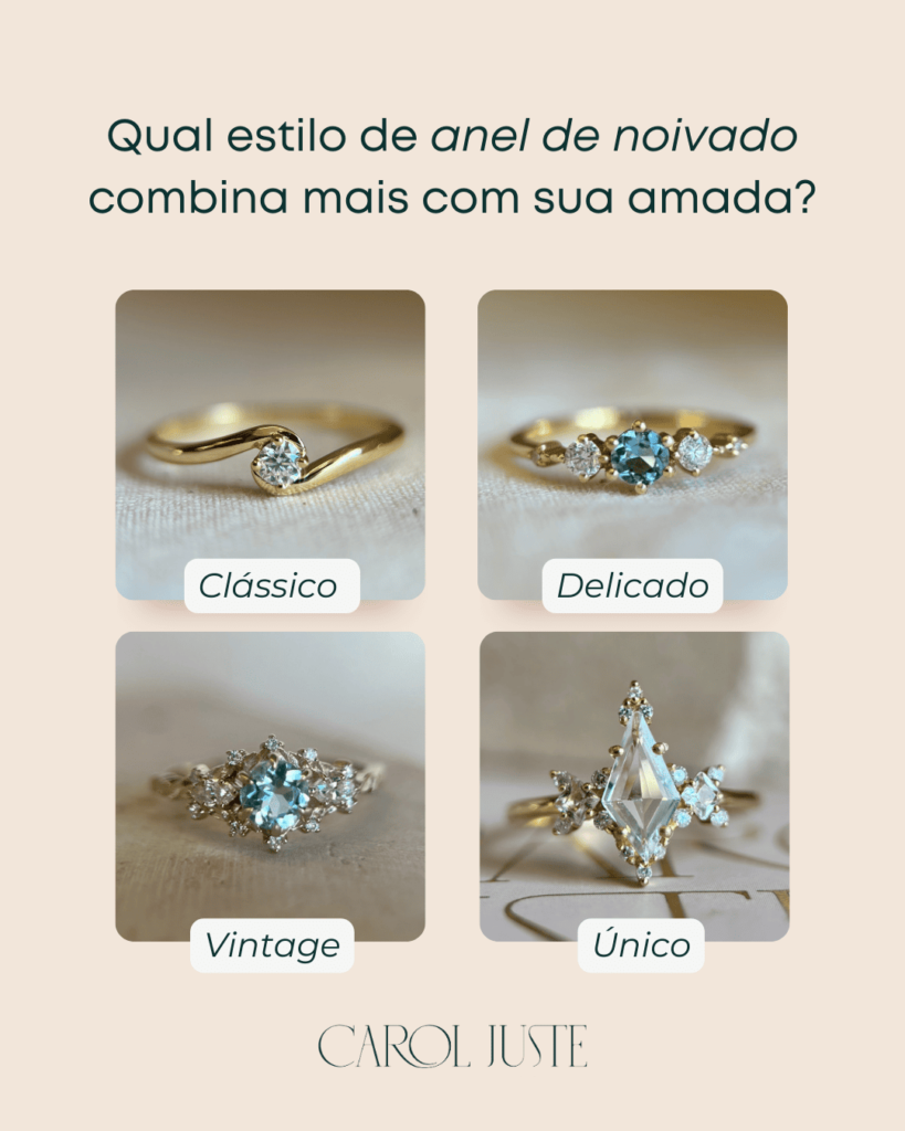 Diferentes estilos de anel de noivado para combinar com a pessoa amada entre as produções da Carol Juste